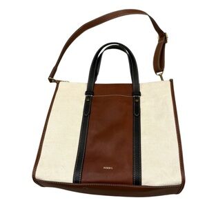 FOSSIL Kingston Tote Leather Canvas Cross-Body Bag Purse with Detachable Strap